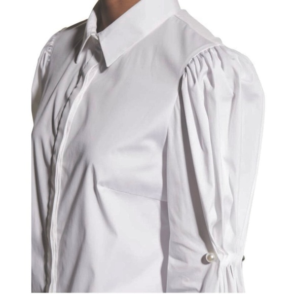 Lela Rose Button-Down Poplin Blouse Top with Pearl Brooch On Puff Sleeve Size 4 - Picture 11 of 16